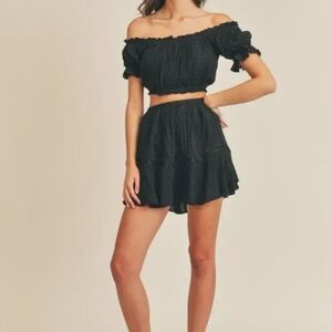NWT Black Eyelet Off the Shoulder Crop Top & Skirt Set